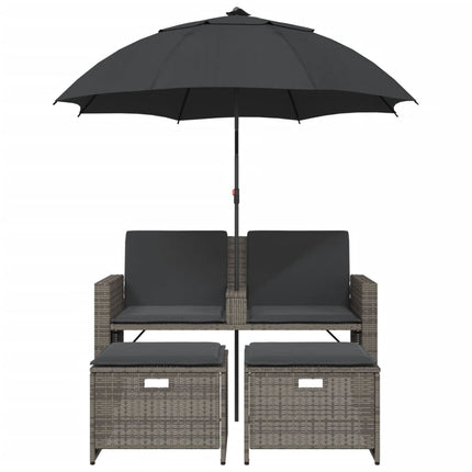 Tuinbank 2-Zits Met Parasol En Voetenbanken Poly Rattan