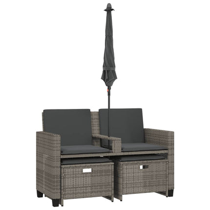 Tuinbank 2-Zits Met Parasol En Voetenbanken Poly Rattan