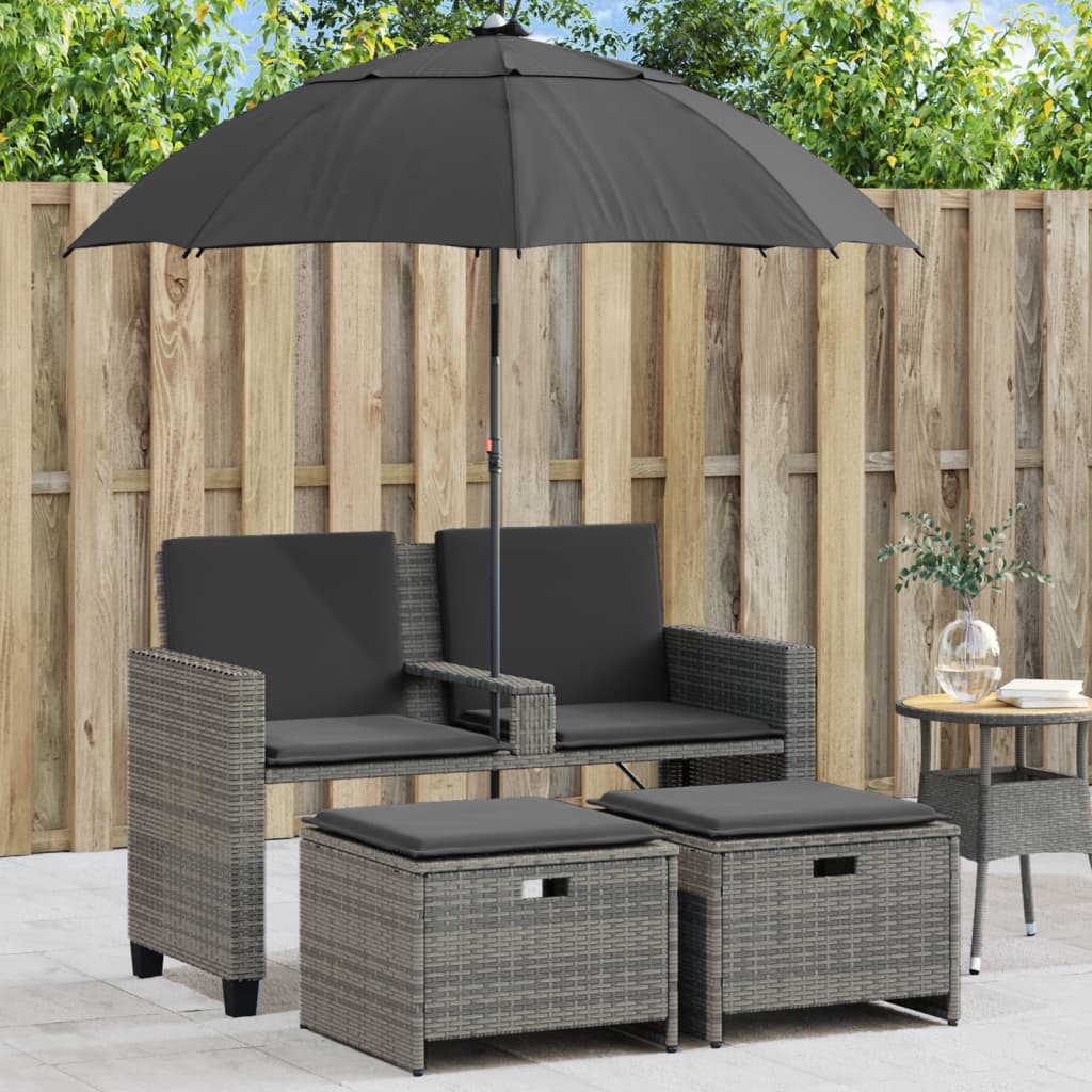Tuinbank 2-Zits Met Parasol En Voetenbanken Poly Rattan