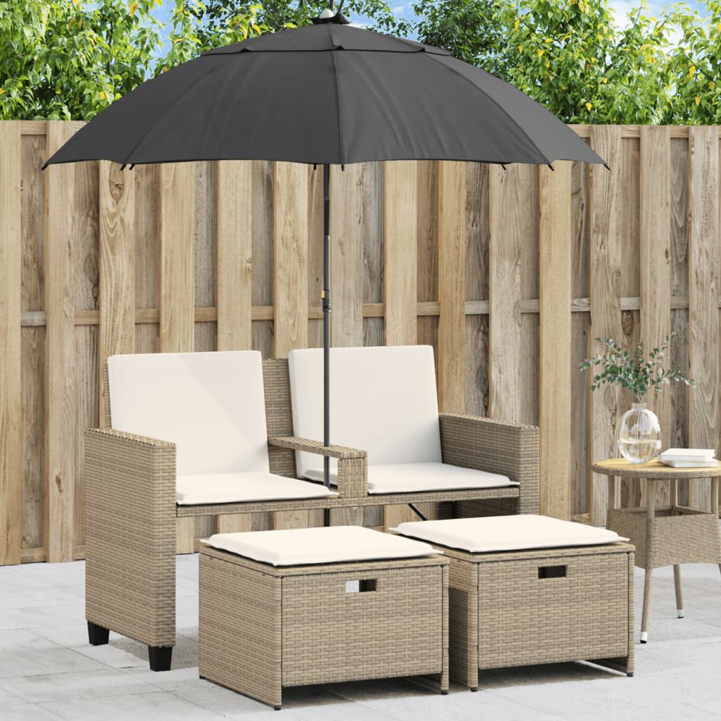 Tuinbank 2-Zits Met Parasol En Voetenbanken Poly Rattan