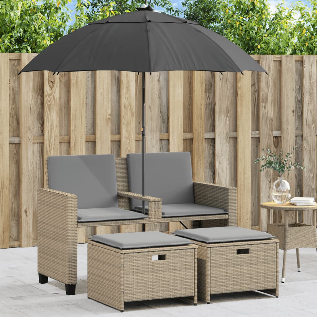 Tuinbank 2-Zits Met Parasol En Voetenbanken Poly Rattan