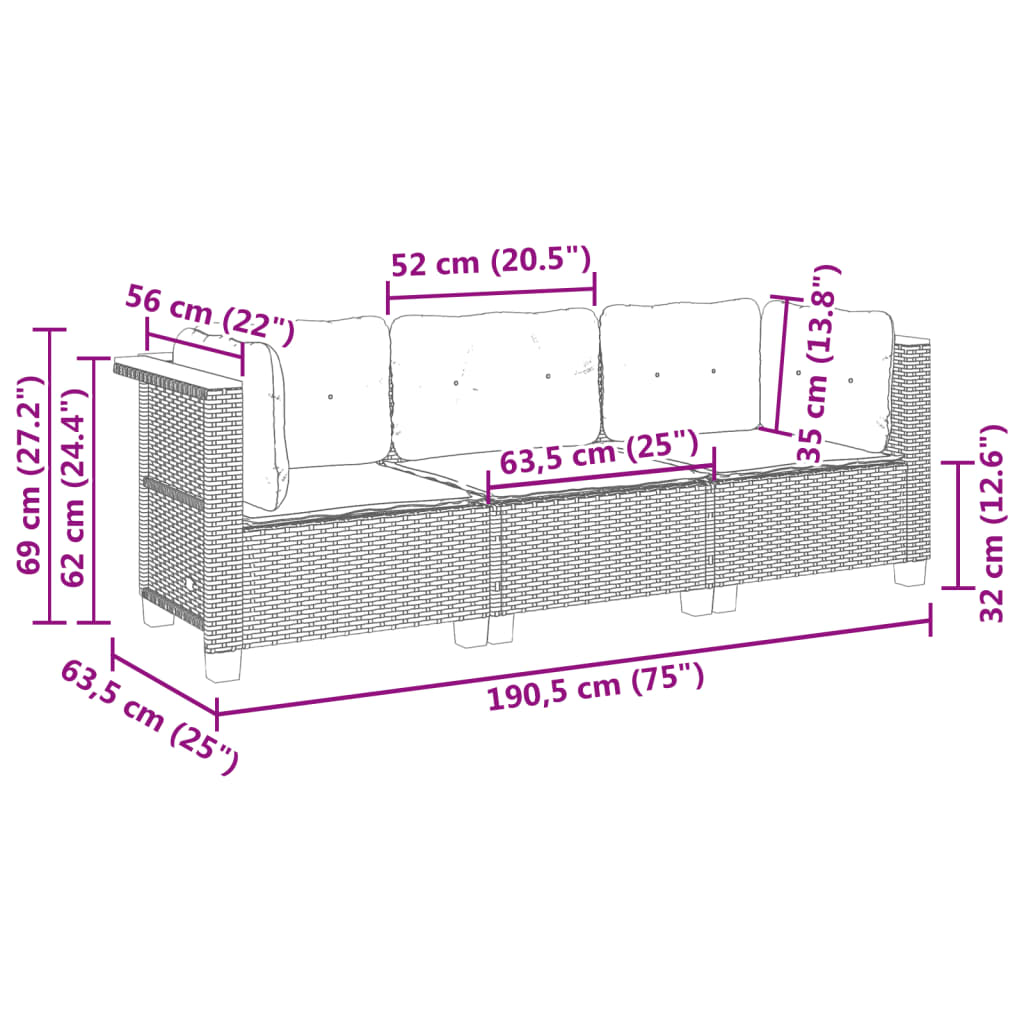 Tuinbank 3-Zits Met Kussens Poly Rattan