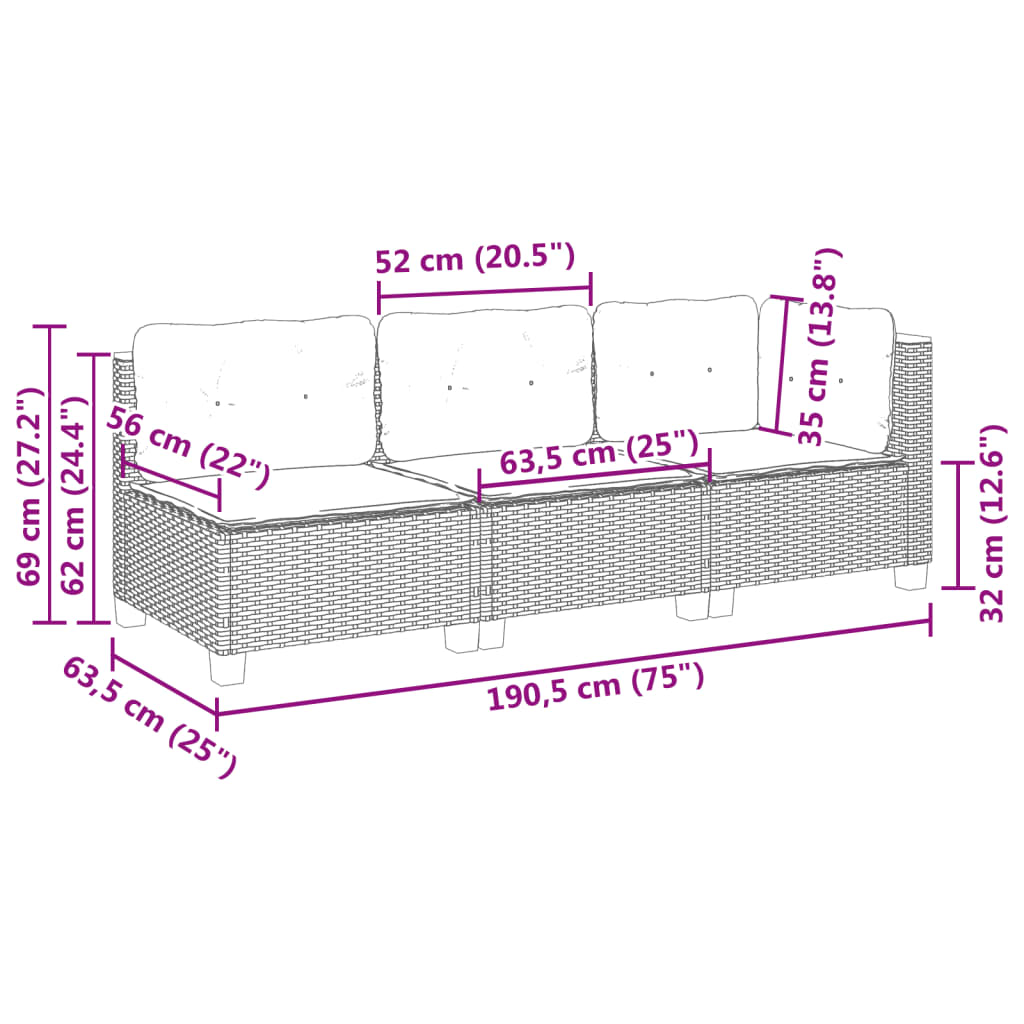 Tuinbank 3-Zits Met Kussens Poly Rattan