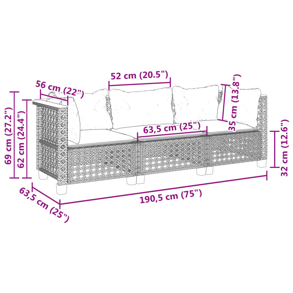 Tuinbank 3-Zits Met Kussens Poly Rattan