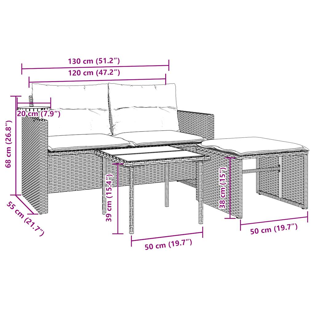 3-Delige Tuinbankset Met Kussens, Polyrotan