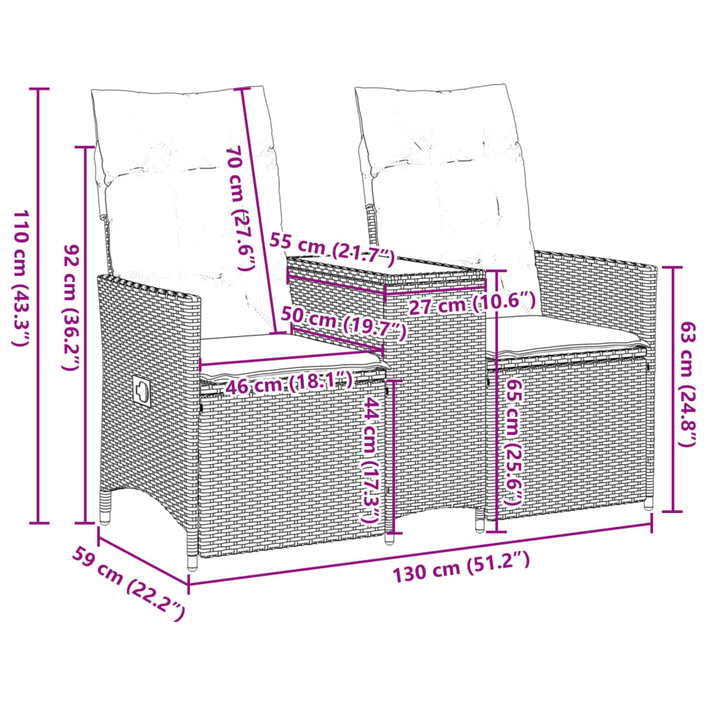 Tuinbank 2-Zits Verstelbaar Met Tafel Poly Rattan Grijs