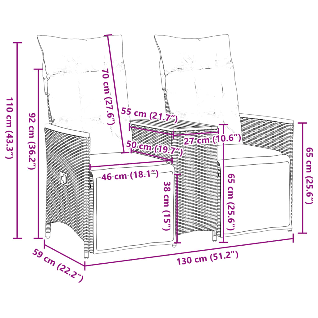 Tuinbank 2-Zits Verstelbaar Met Tafel Poly Rattan Grijs
