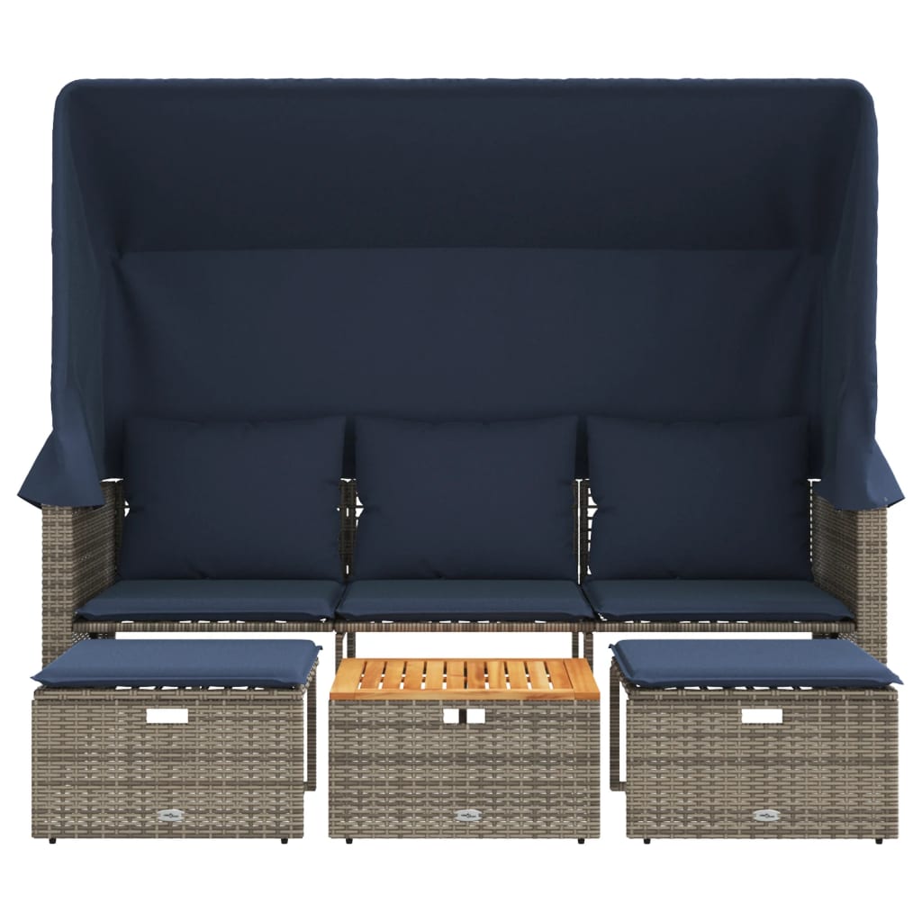 Tuinbank 3-Zits Met Luifel En Krukken Grijs Polyrotan