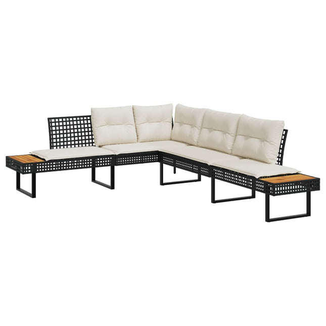 Tuinbank Met Kussens L-Vormig Poly Rattan En Acaciahout