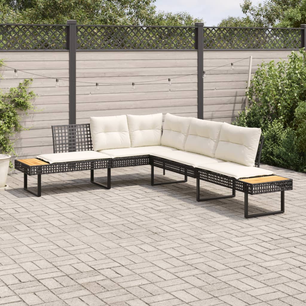 Tuinbank Met Kussens L-Vormig Poly Rattan En Acaciahout