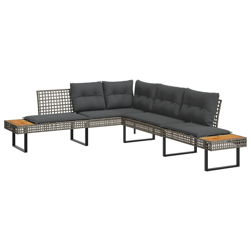 Tuinbank Met Kussens L-Vormig Poly Rattan En Acaciahout