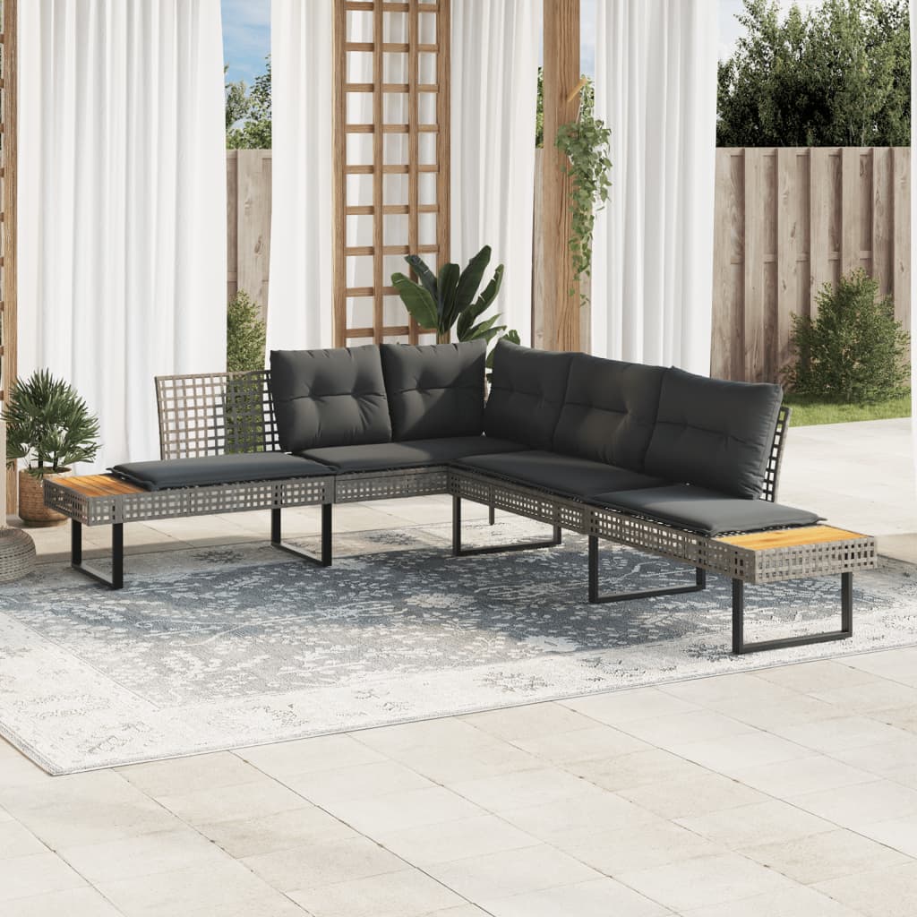 Tuinbank Met Kussens L-Vormig Poly Rattan En Acaciahout