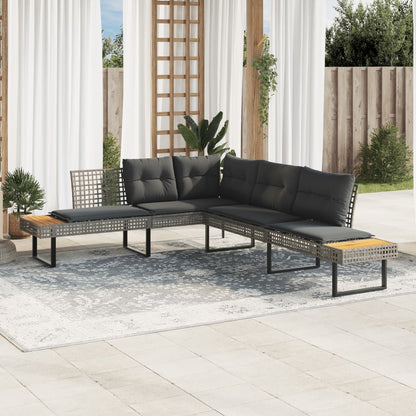 Tuinbank Met Kussens L-Vormig Poly Rattan En Acaciahout