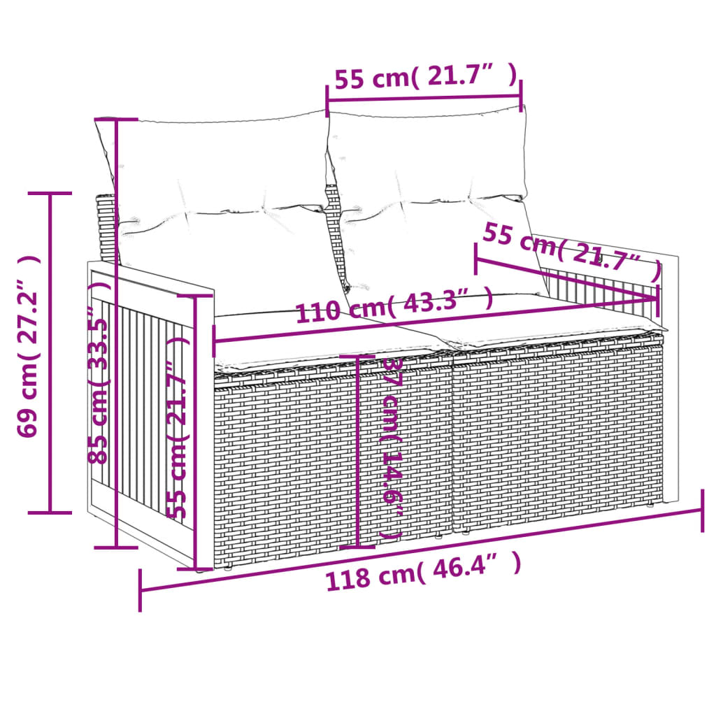 Tuinbank 2-Zits Met Kussens Poly Rattan