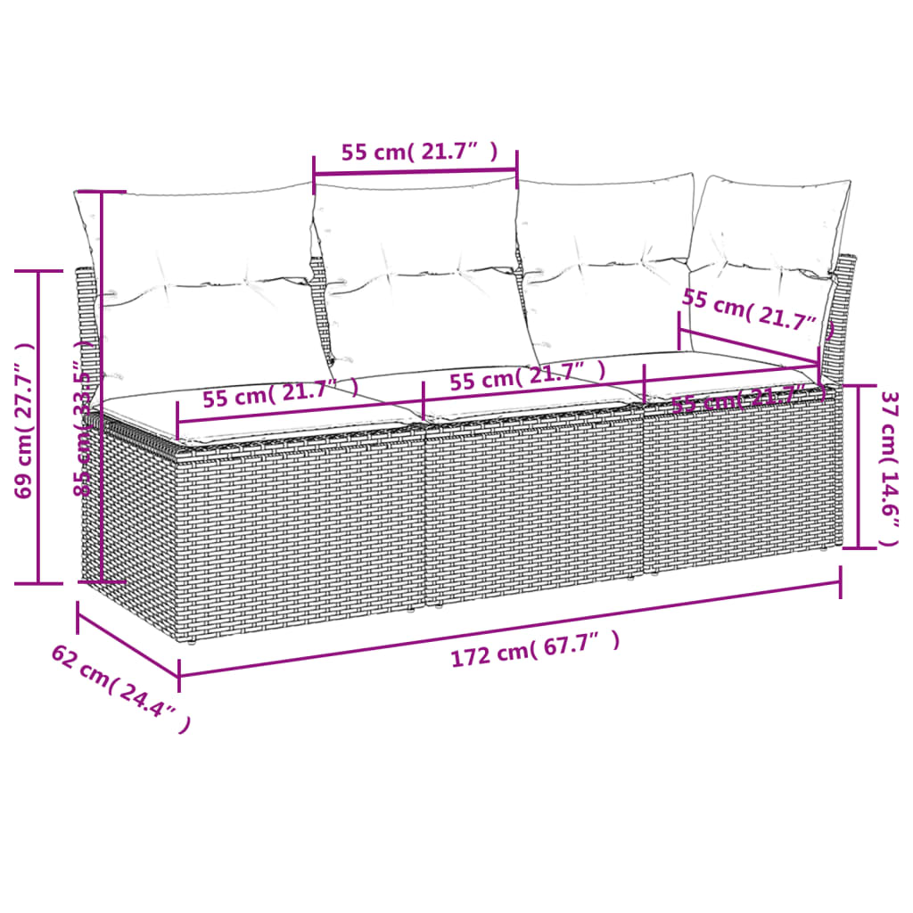 Tuinbank 3-Zits Met Kussens Poly Rattan