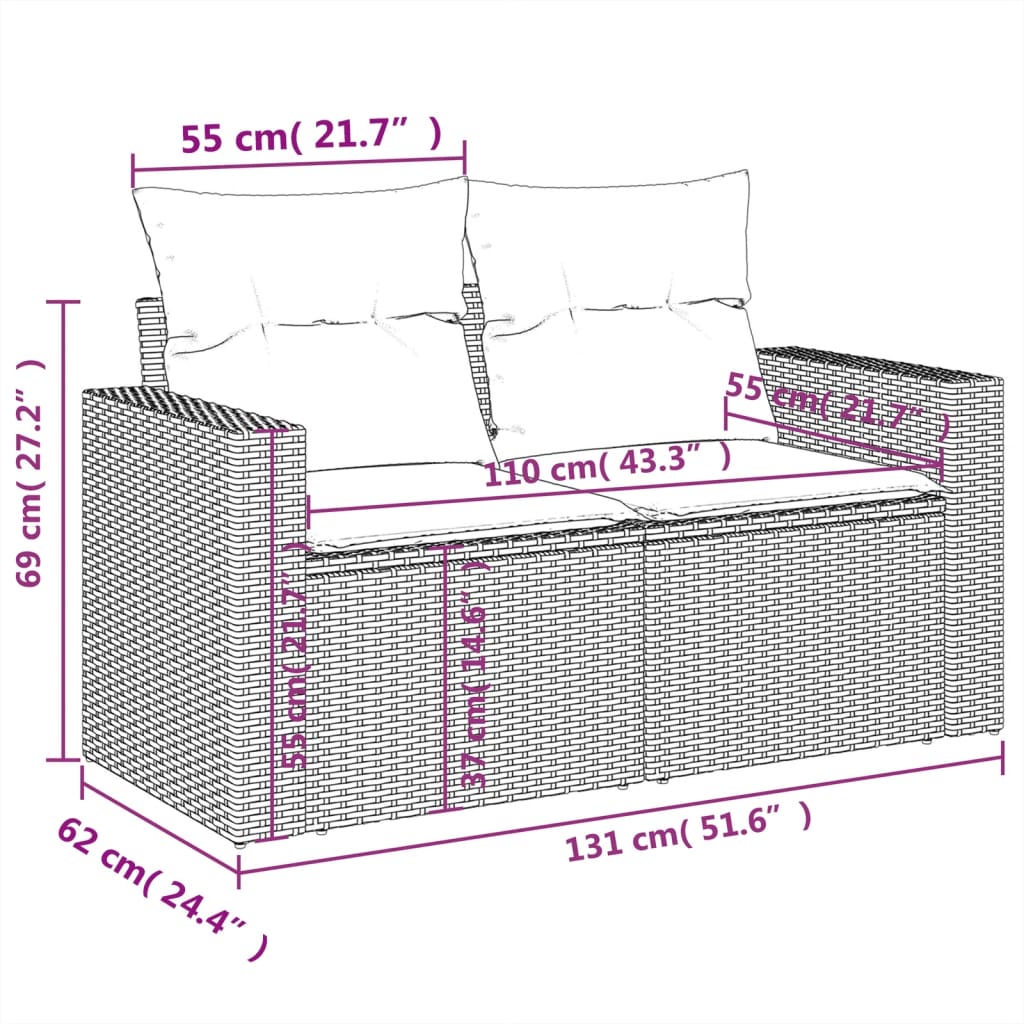 Tuinbank Met Kussens 2-Zits Poly Rattan