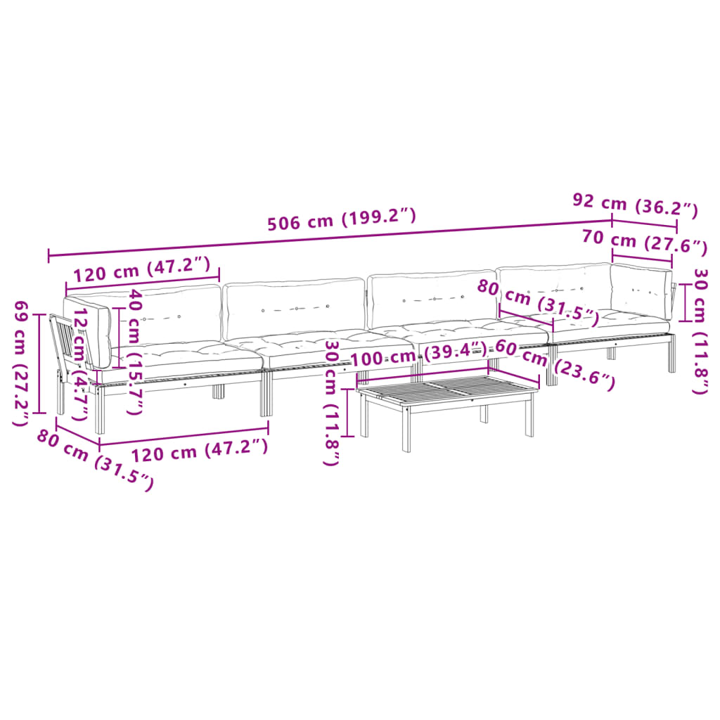 5-Delige Loungeset Pallet Met Kussens Massief Acaciahout Grijs