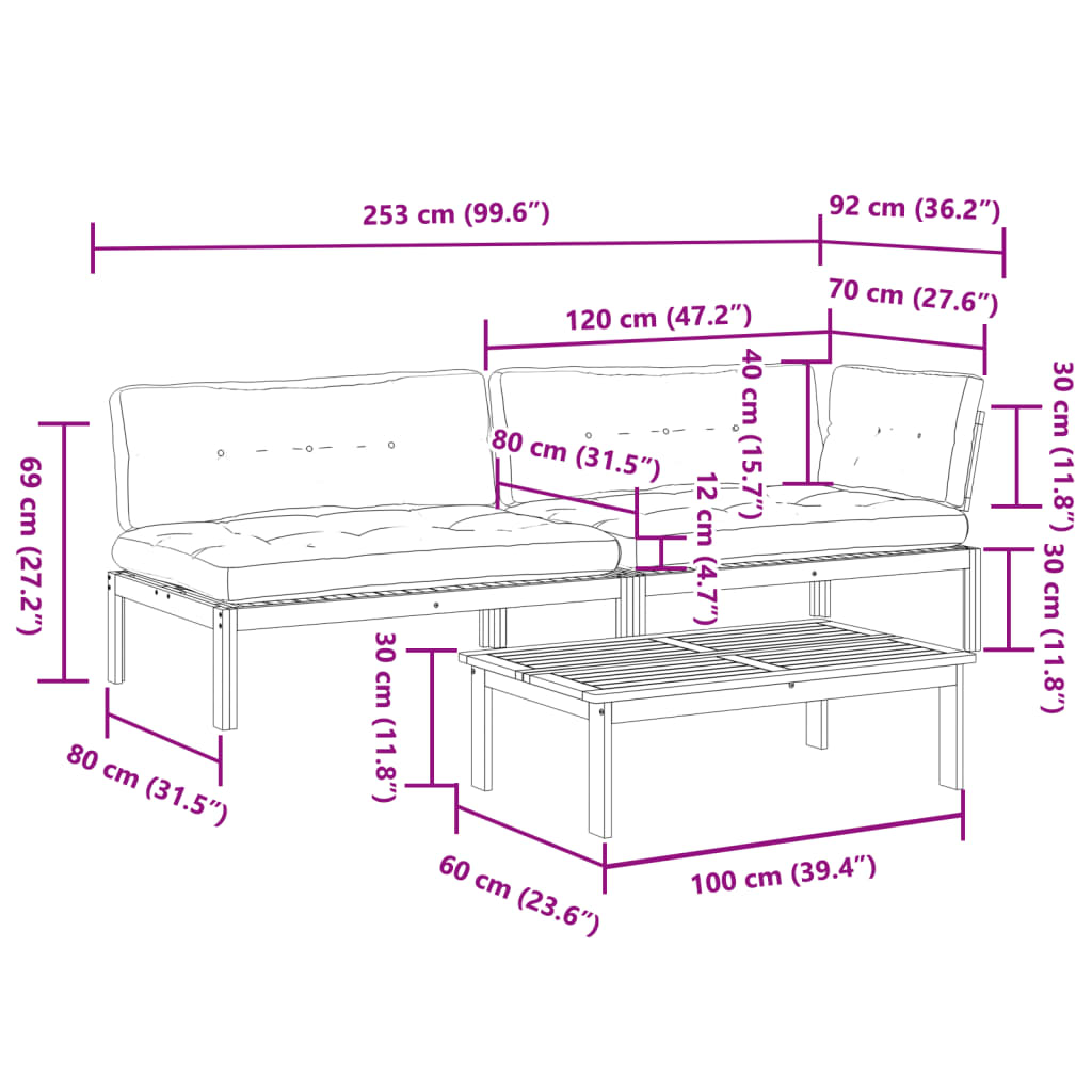 3-Delige Loungeset Pallet Met Kussens Massief Acaciahout