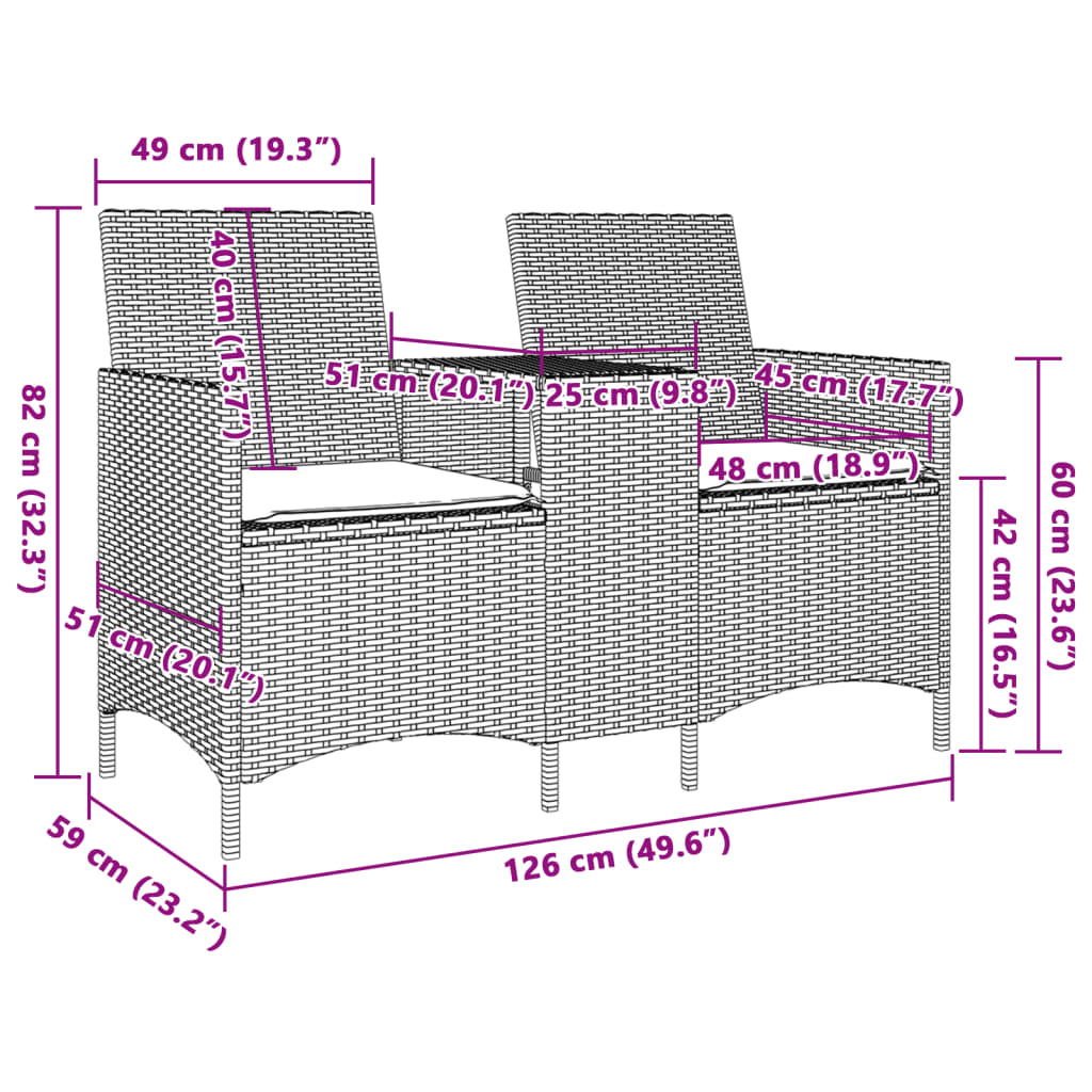 Tuinbank 2-Zits Met Tafel En Kussens Poly Rattan