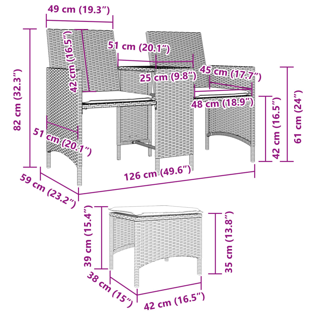 Tuinbank 2-Zits Met Tafel En Voetenbanken Poly Rattan