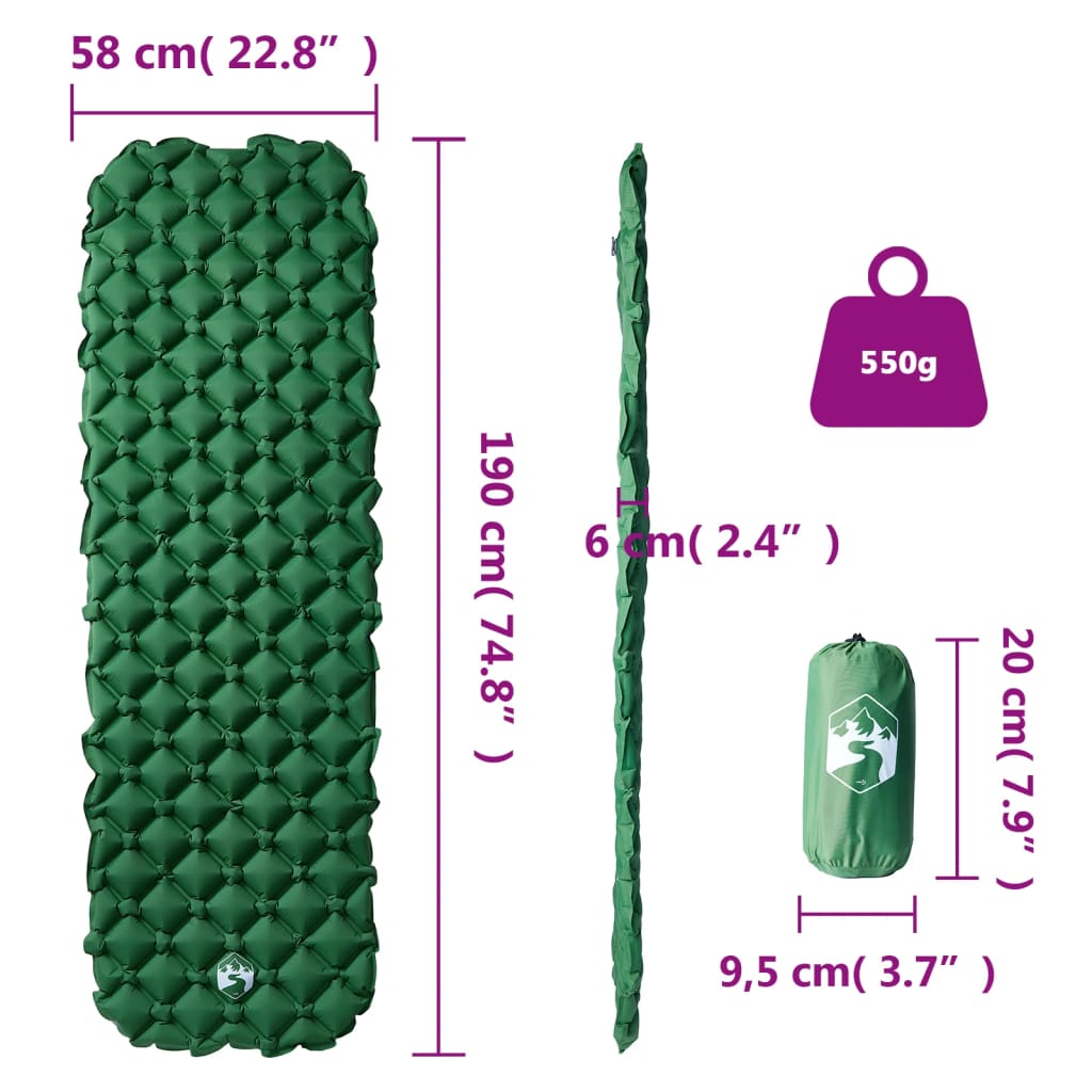 Kampeermatras opblaasbaar 190x58x6 cm 1- persoons groen