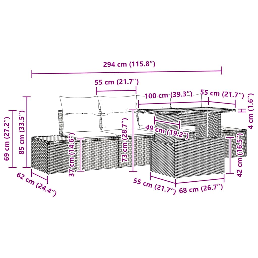 Tuin Eetset Met Kussen 5 Pcs En Beige