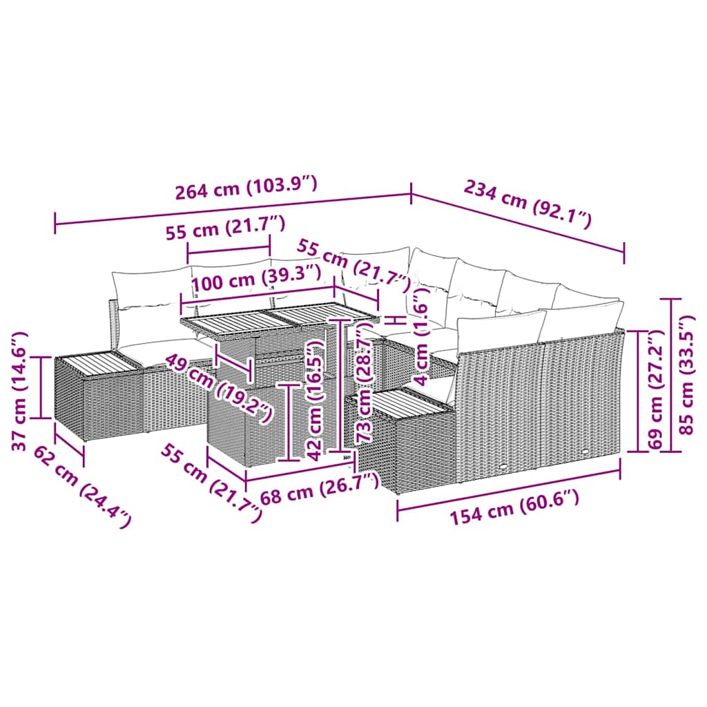 Tuin Eetset Met Kussen 9 Pcs En Beige