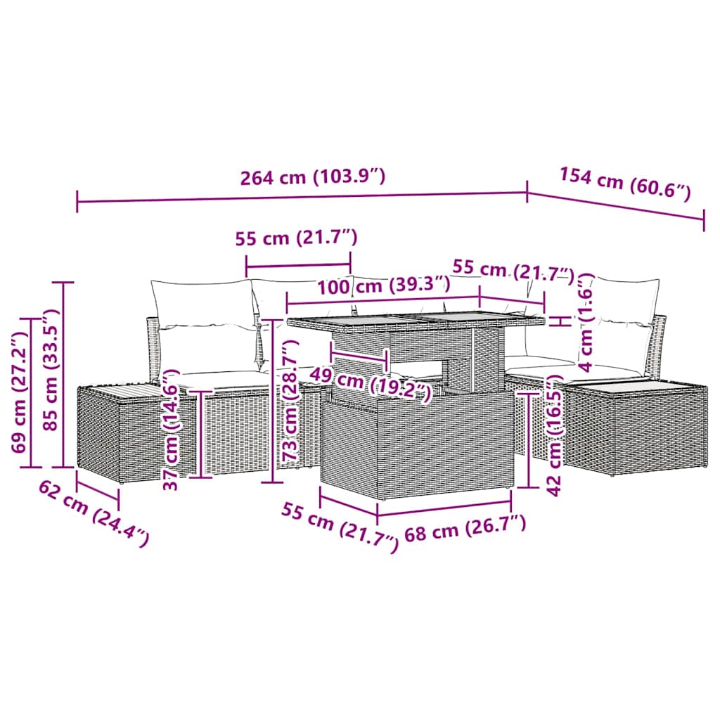 Tuin Eetset Met Kussen 6 Pcs En Beige
