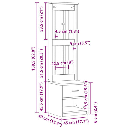 Kapstok Sandnes 45X40X159,5 Cm Massief Grenenhout