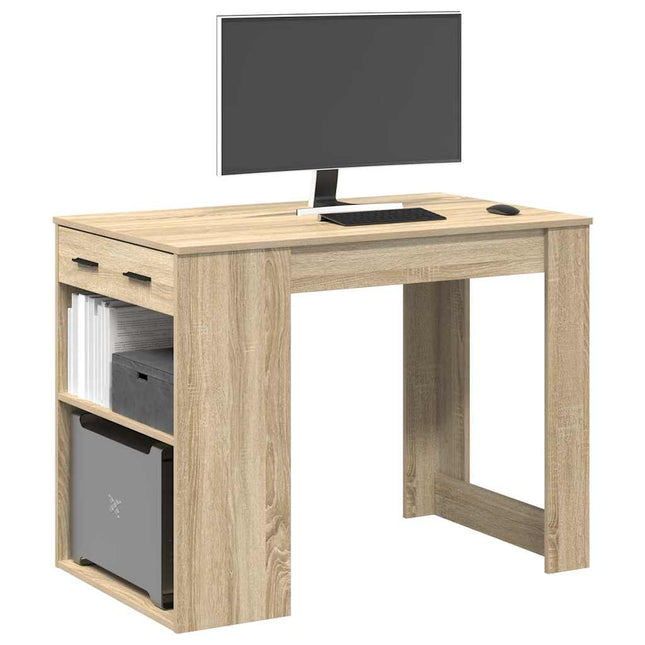 Bureau Met Lade En Plank 102X62X77,5Cm Bewerkt Hout Bruin Eiken