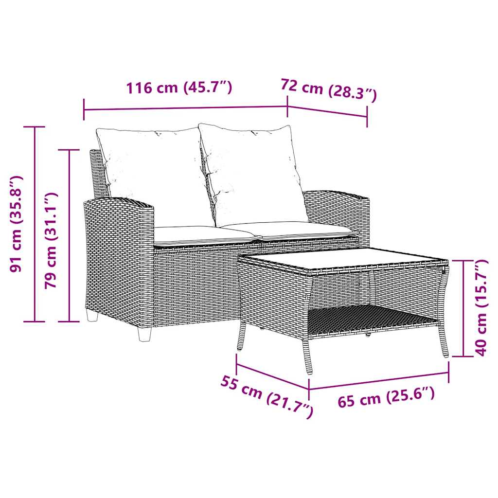 Tuinbank 2-Zits Met Kussens & Tafel Poly Rattan