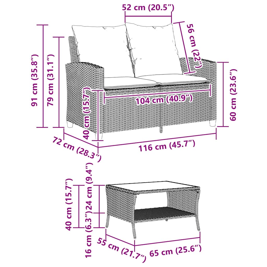 Tuinbank 2-Zits Met Kussens & Tafel Poly Rattan