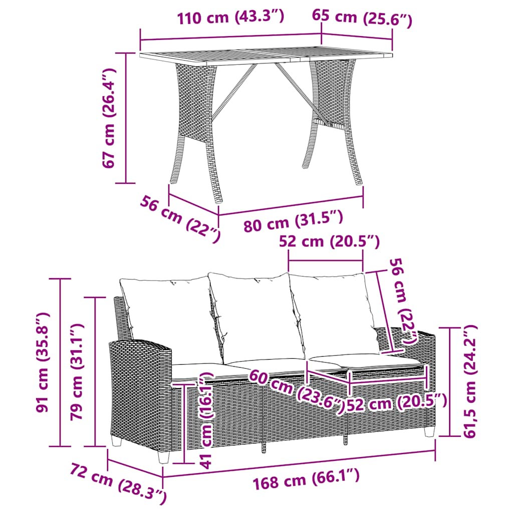 Tuinbank 3-Zits Met Kussens & Tafel Poly Rattan