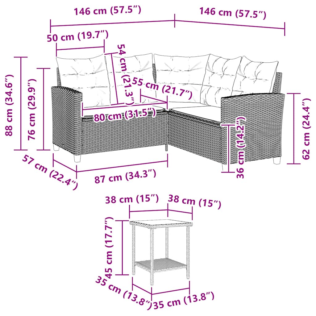 Tuinbank Met Tafel En Kussens L-Vormig Poly Rattan