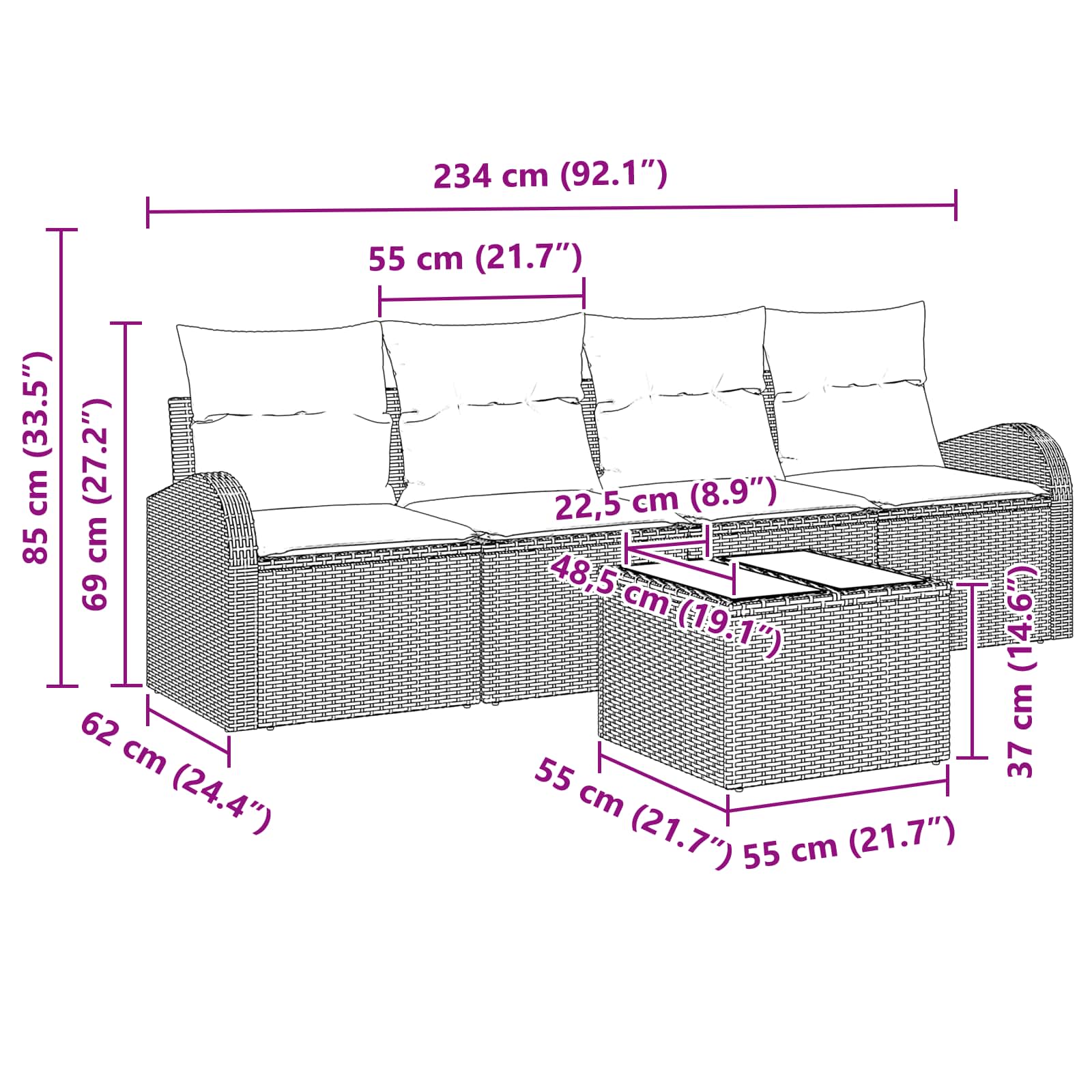 Tuin Sofa Set 55 X 55 X 37 Cm Poly Rattan