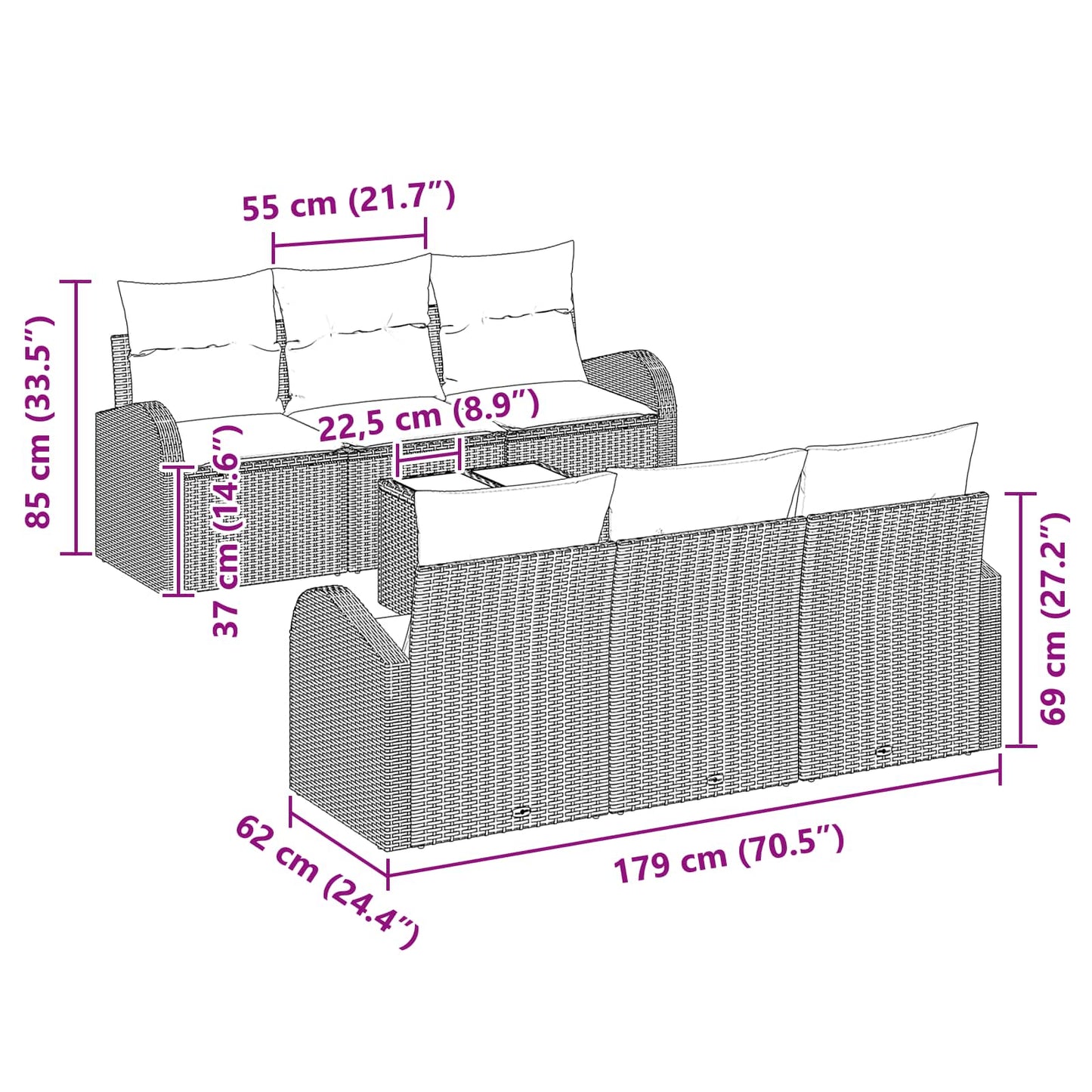 Tuin Sofa Set 55 X 55 X 37 Cm Poly Rattan