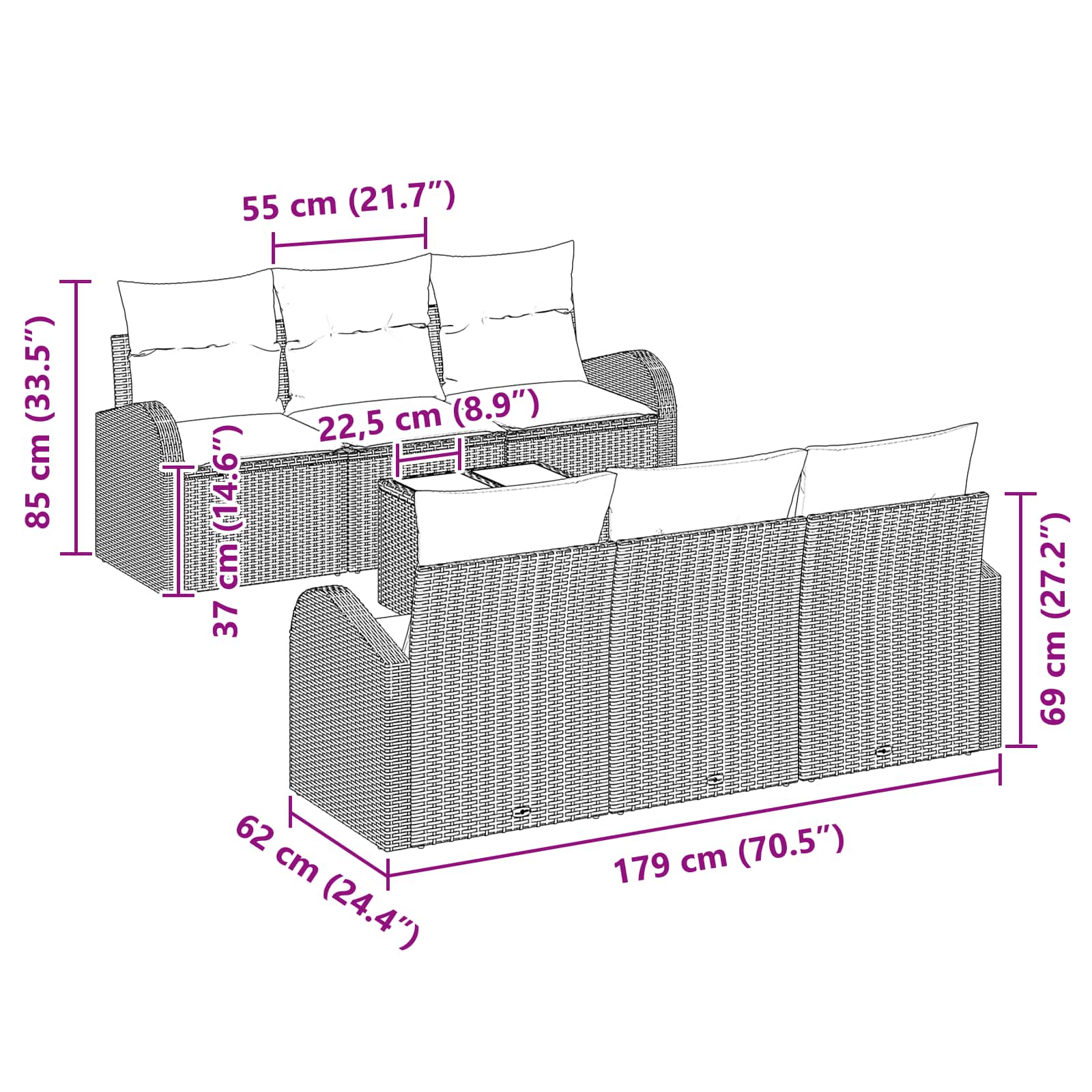 Tuin Sofa Set 55 X 55 X 37 Cm Poly Rattan