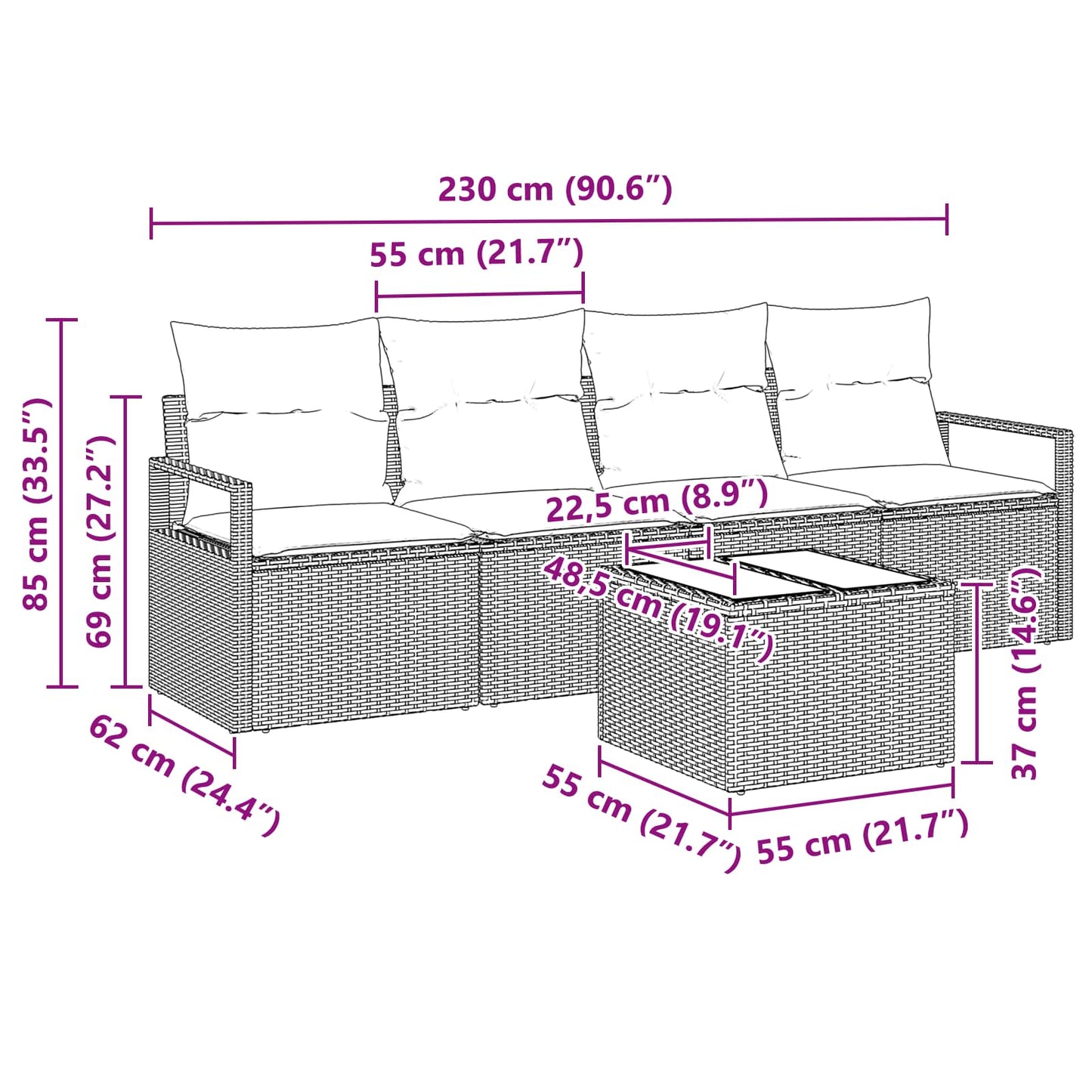 Bankstel 5 Pcs En Rood Poly Rattan