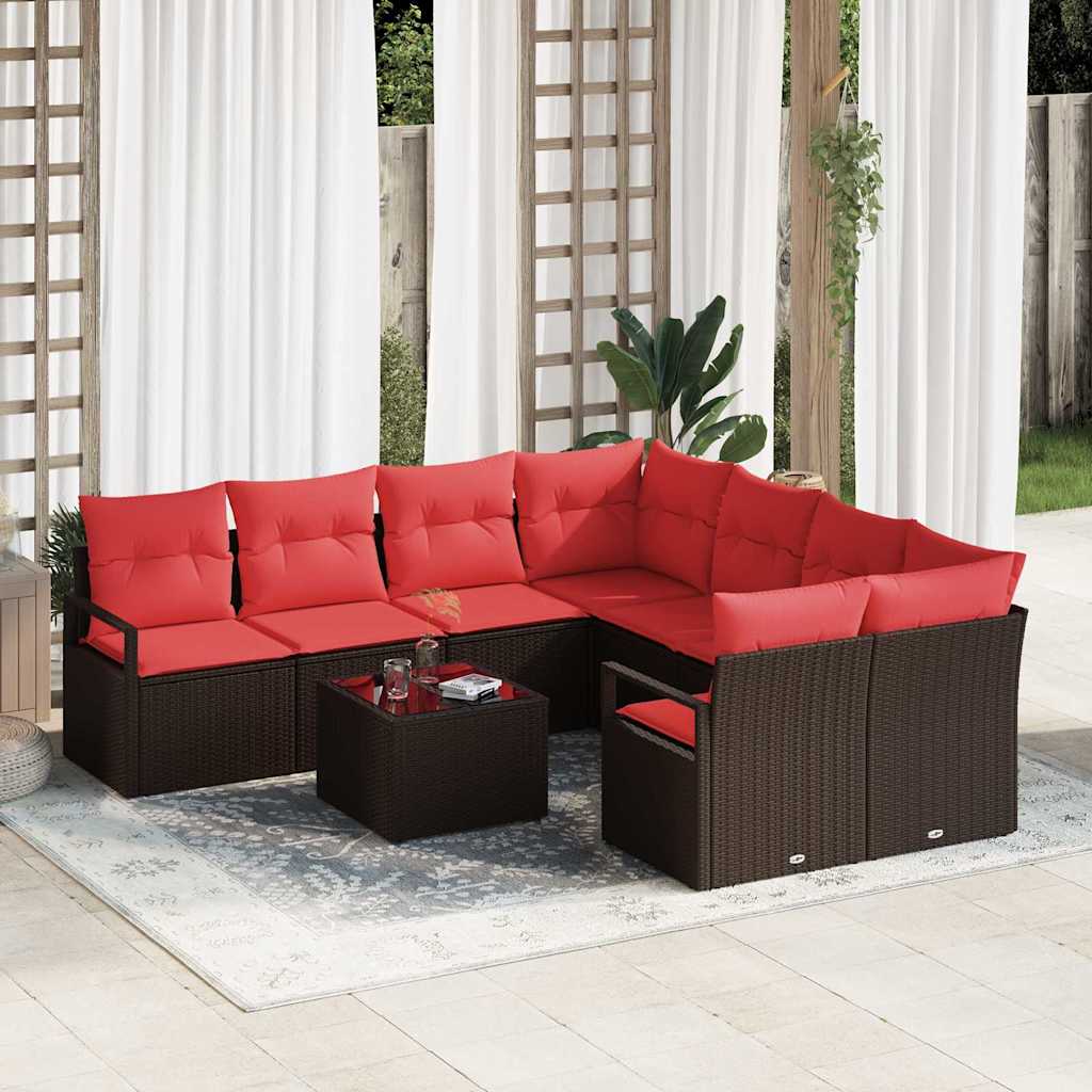 Bankstel Met Kussen 9 Pcs En Rood Poly Rattan