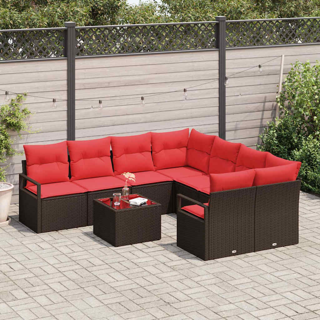 Bankstel Met Kussen 9 Pcs En Rood Poly Rattan