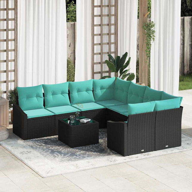 Bankstel Met Kussen 9 Pcs En Turquoise Poly Rattan