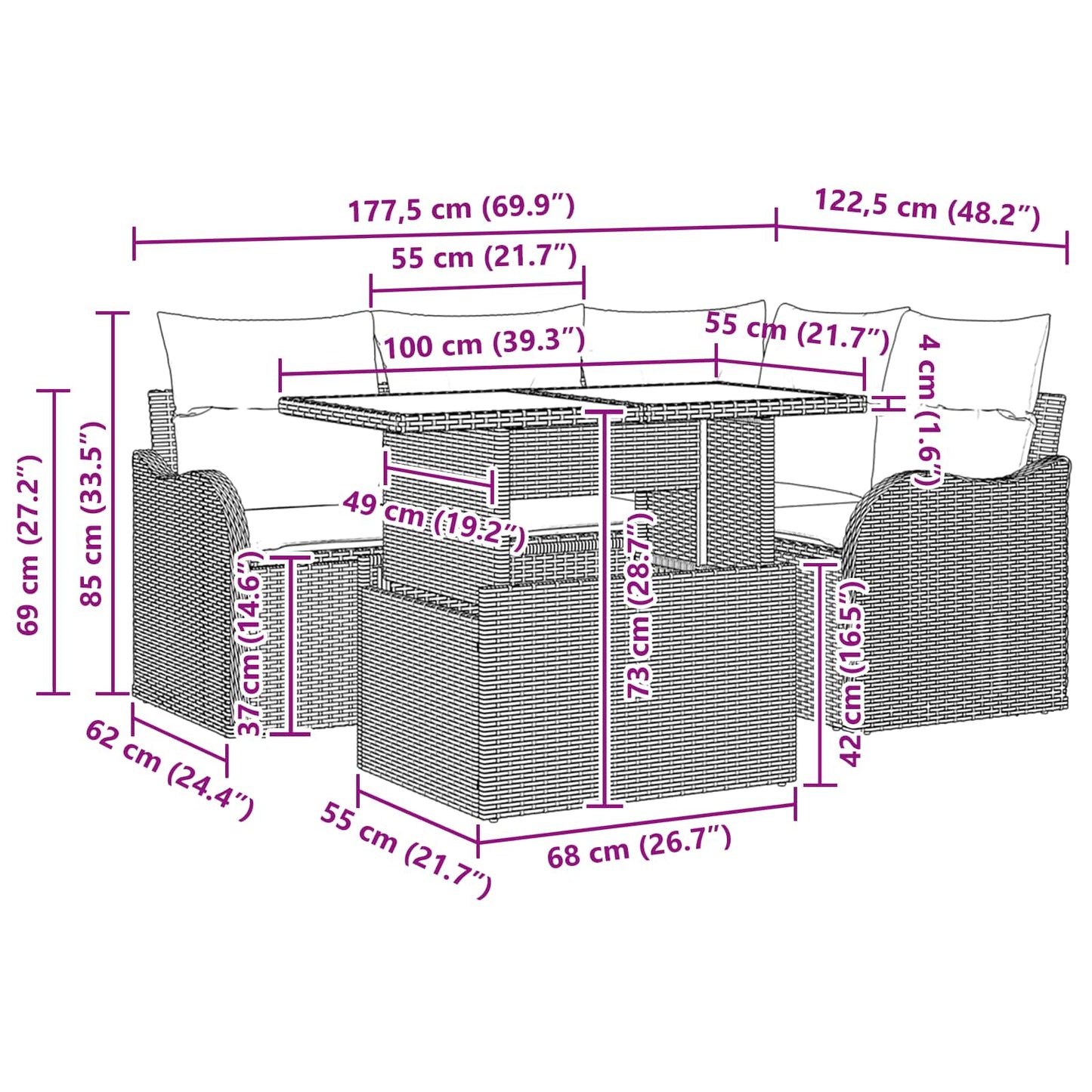 Tuin Sofa Set Met Opslag 5 Pcs En Rood Poly Rattan