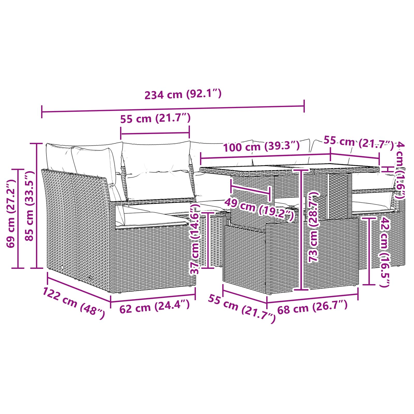 Tuin Sofa Set Met Kussen 7 Pcs En Rood Poly Rattan