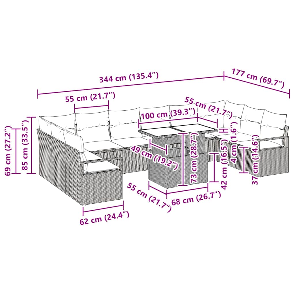 Tuin Sofa Set Met Kussen 11 Pcs Poly Rattan