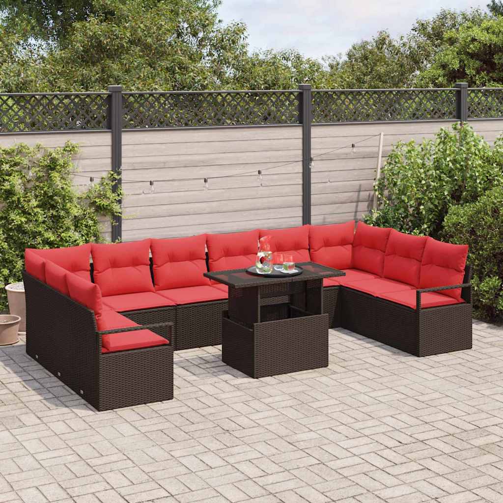 Tuin Sofa Set Met Kussen 11 Pcs En Rood Poly Rattan