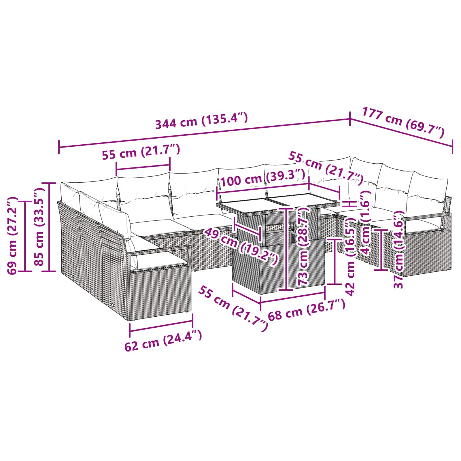 Tuin Sofa Set Met Kussen 11 Pcs En Rood Poly Rattan