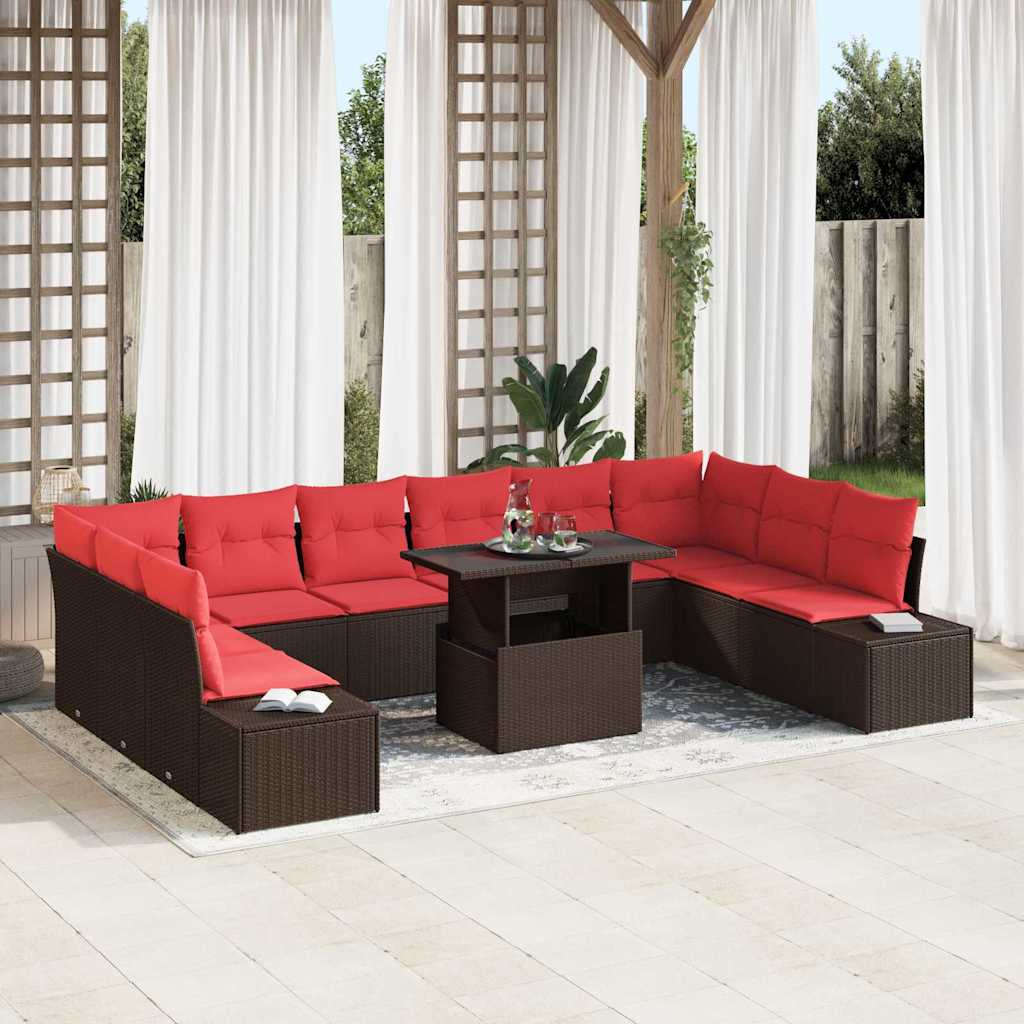 Tuin Sofa Set Met Kussen 11 Pcs En Rood Poly Rattan