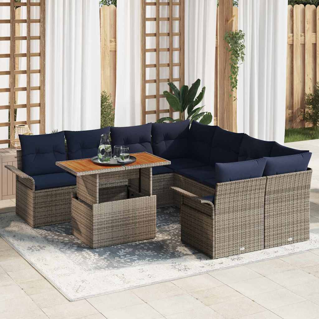Tuinbankenset Met Kussen 9 Pcs En Blauw Poly Rattan