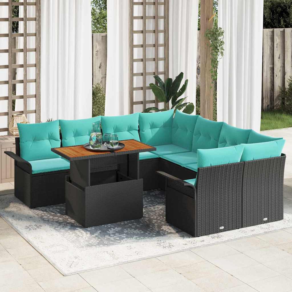Tuinbankenset Met Kussen 9 Pcs En Blauw Poly Rattan