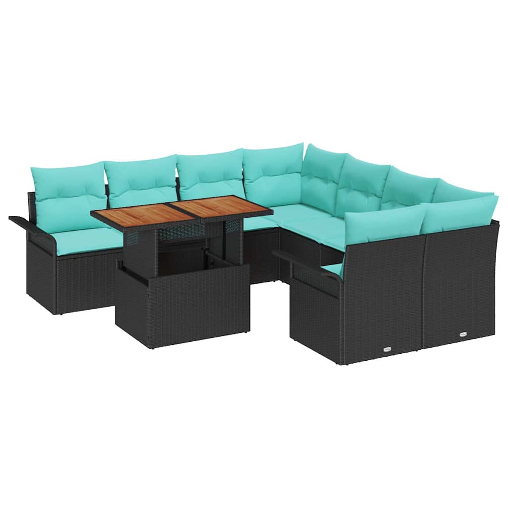 Tuinbankenset Met Kussen 9 Pcs En Blauw Poly Rattan